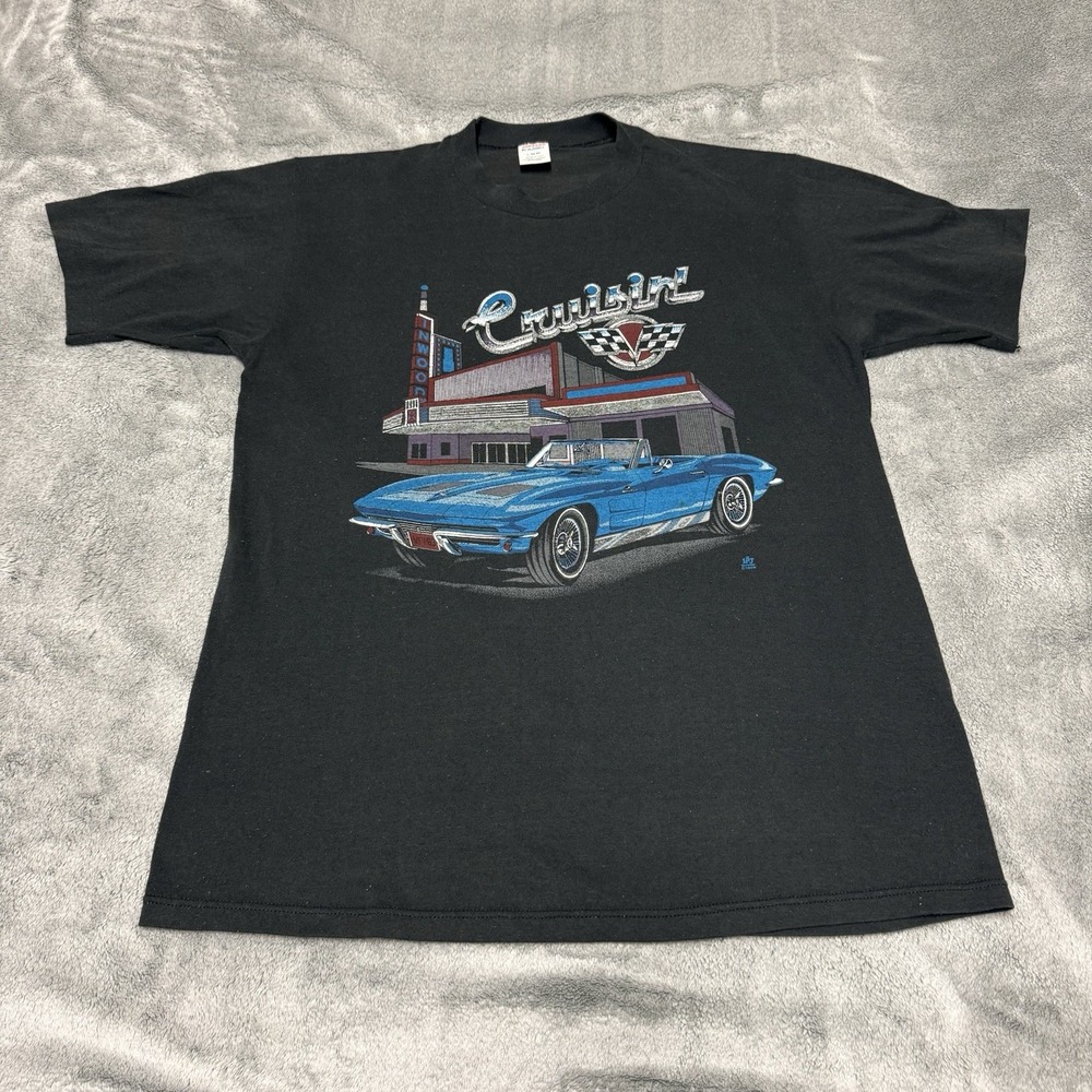Vintage Black Corvette Cruisin T-Shirt 1986 Men's L Jerzees Single Stitch
